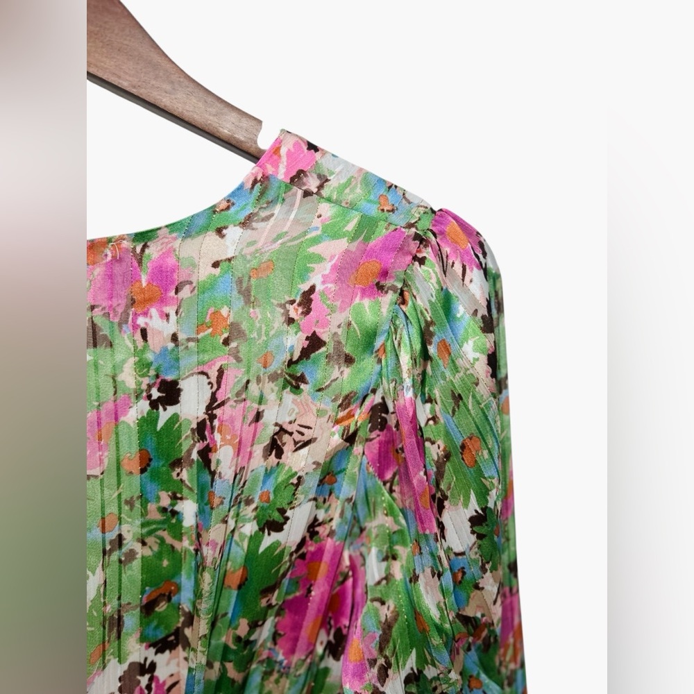 Fanco Watercolor Floral Button Up Long Sleeve Mini Dress Ruched Flare Medium - Picture 7 of 10